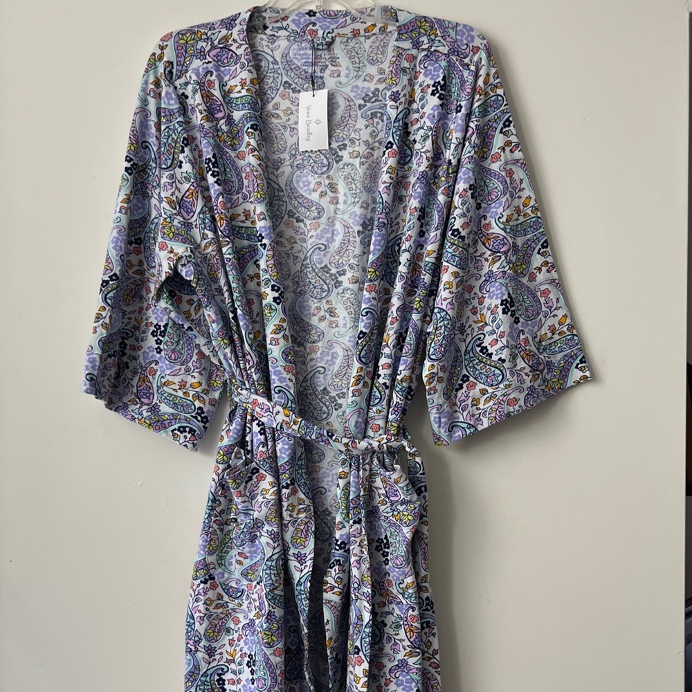 Vera Bradley Knit Cotton Spandex Knee Length Paisley Robe, Size S Purple / Blue